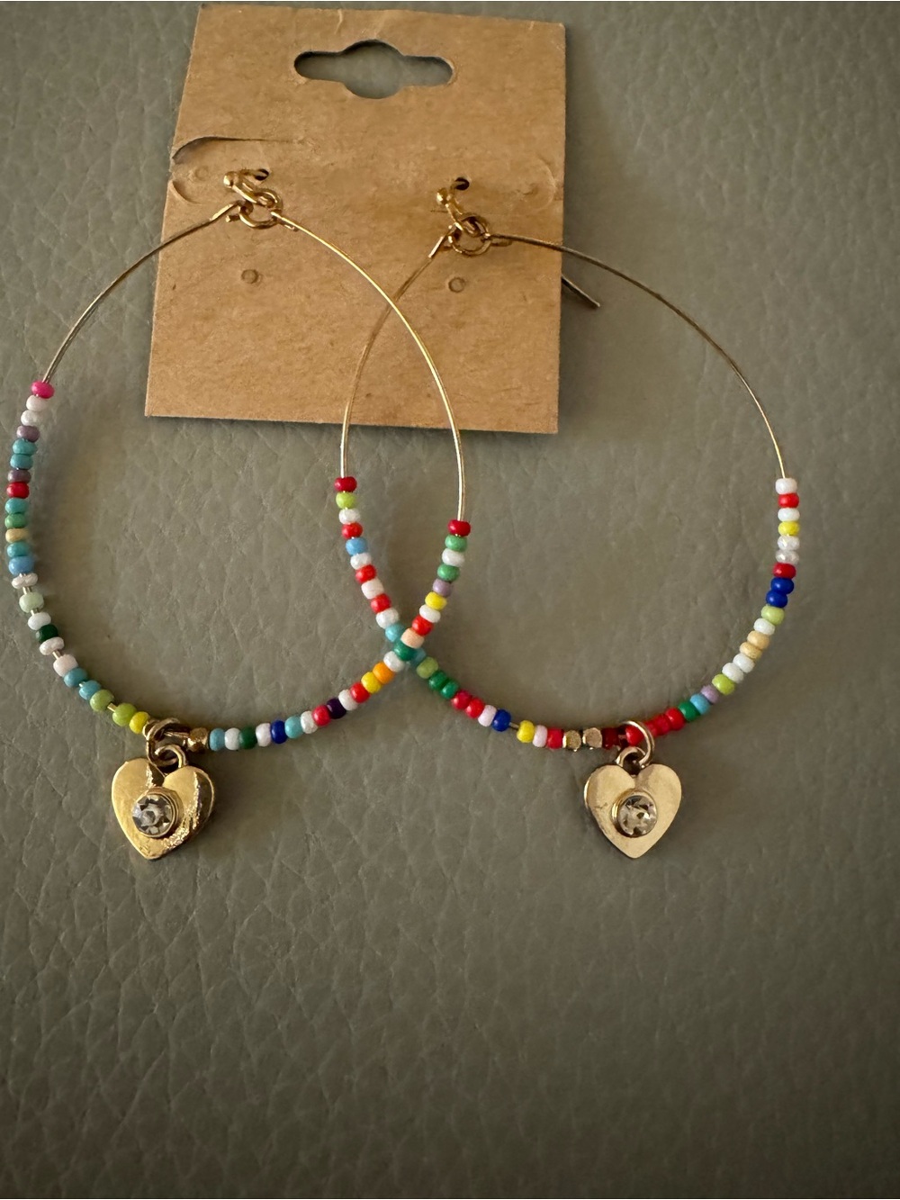 Gold Wired Hoops W/ Seeded Rainbow Beads And Heart Charm W/ Rhinestone Earrings